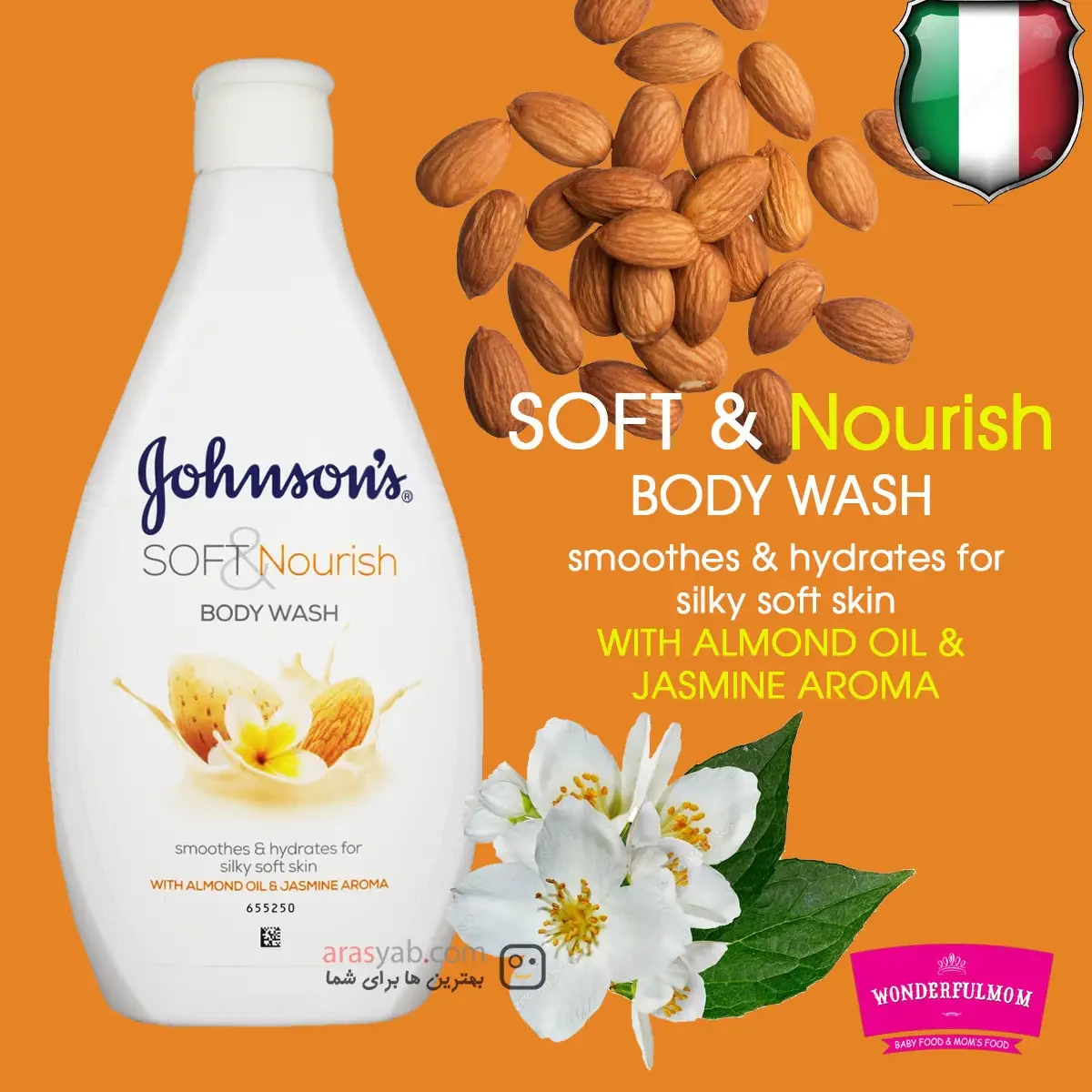 شامپو بدن بادام و گل یاس جانسون Johnson’s مدل Soft &amp; Nourish حجم 400 میل