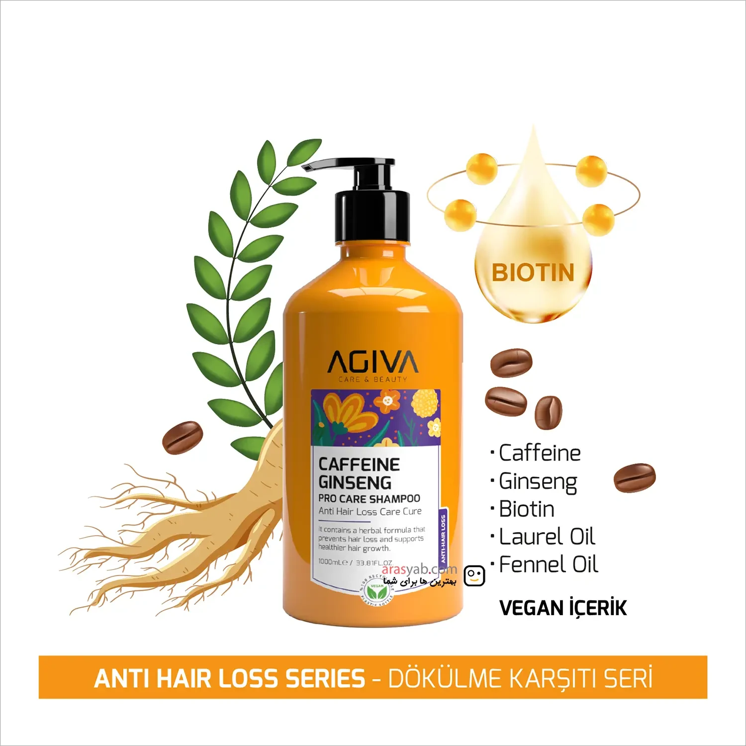 شامپو ضد ریزش آگیوا Agiva حاوی کافئین و جنسینگ سری حرفه ای Pro Care حجم 1000 میل
