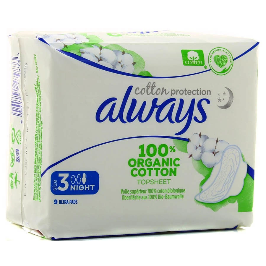 نوار بهداشتی گیاهی آلویز ویژه شب سایز 3 مدل Cotton Protection بسته 9 عددی