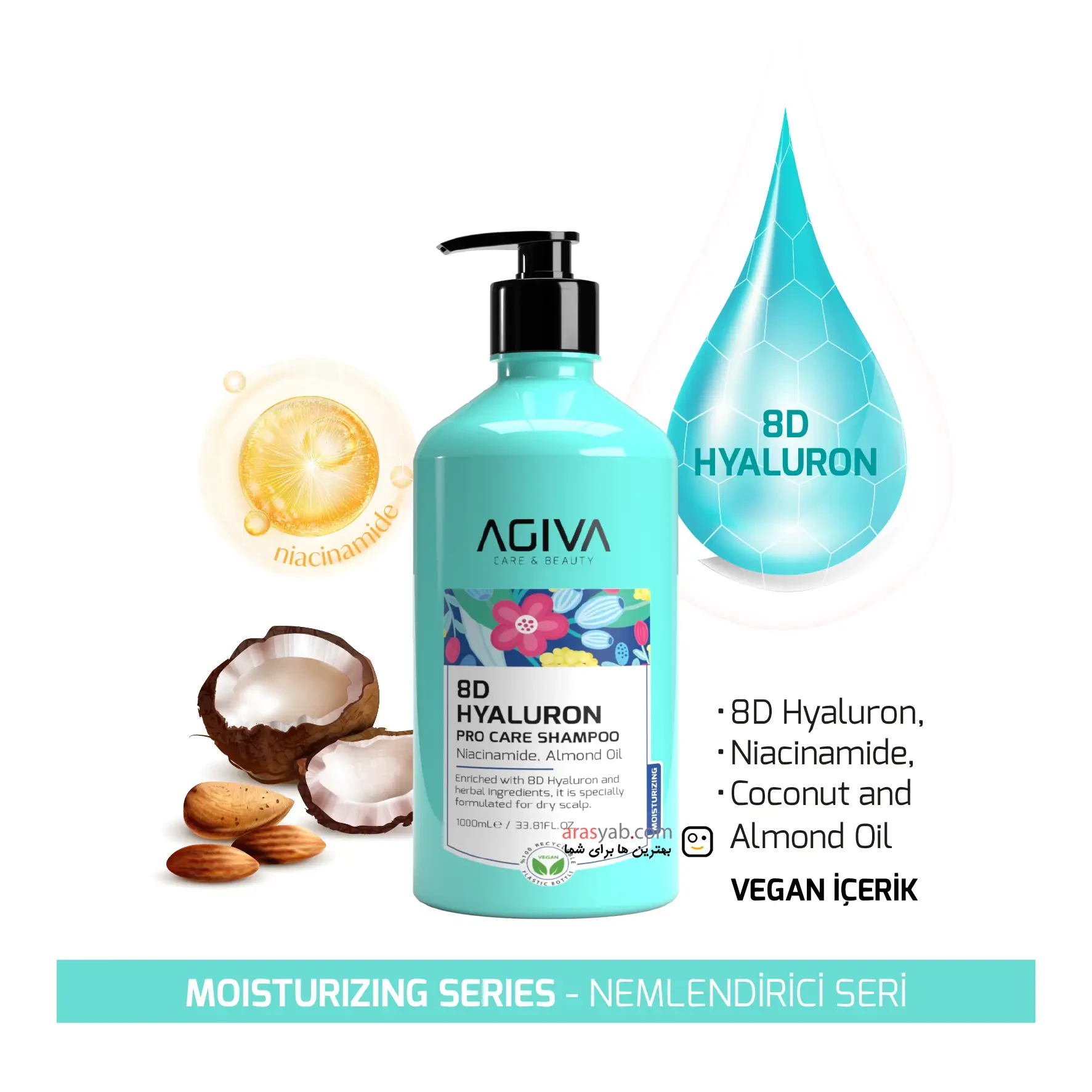 شامپو مرطوب کننده مو آگیوا Agiva حاوی 8D Hyaluron مخصوص موهای به شدت خشک حجم 1000 میل