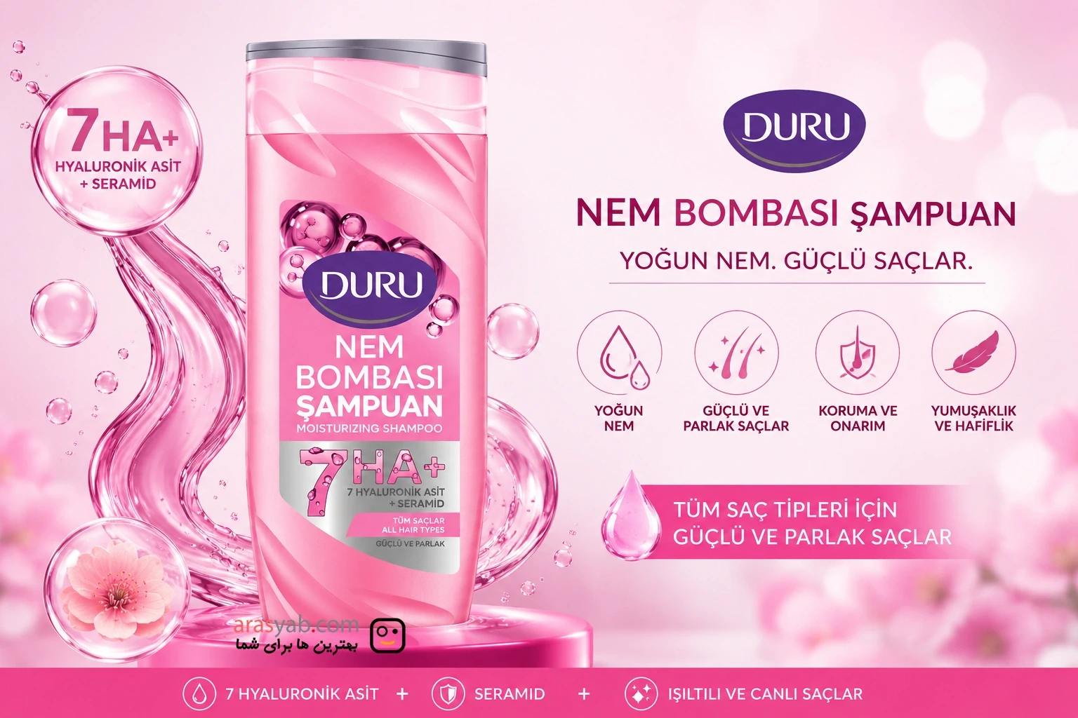 شامپو تقویت کننده و درخشان کننده مو دورو Duru با آبرسانی بالا Nem Bombasi حجم 400 میل