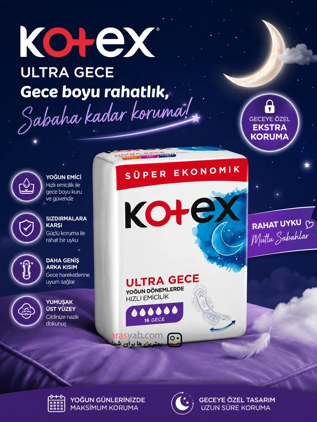 نوار بهداشتی کوتکس kotex ویژه شب مدل اولترا ULTRA Gece بسته 16 عددی