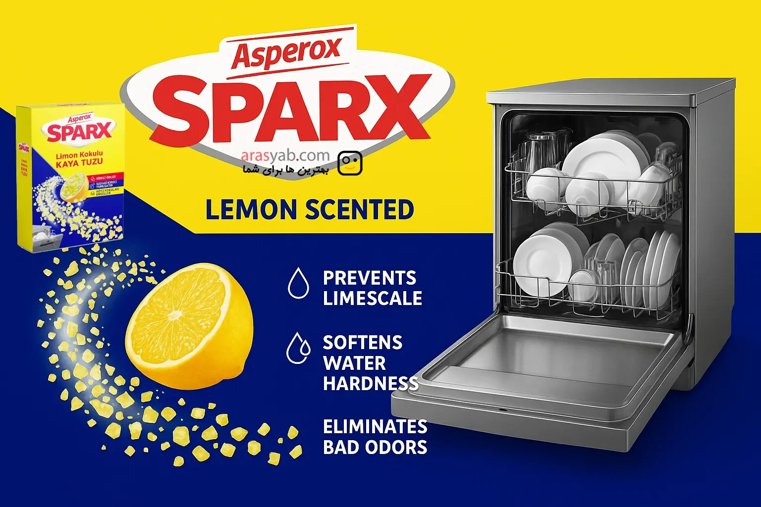 نمک ماشین ظرفشویی آسپروکس Asperox با رایحه لیمویی بسته 1.5 کیلویی