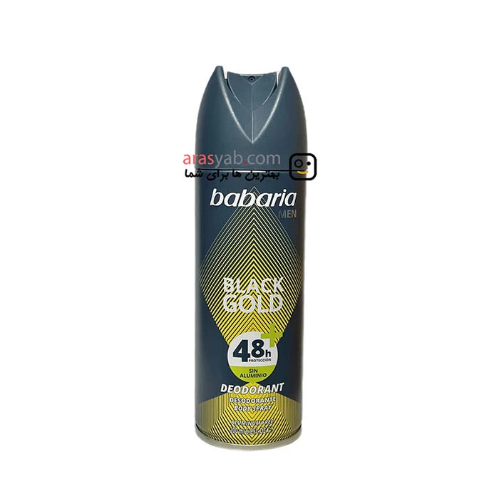 دئودورانت بدن مردانه باباریا babaria مدل بلک گلد black gold بدون آلومینیوم حجم 200 میل