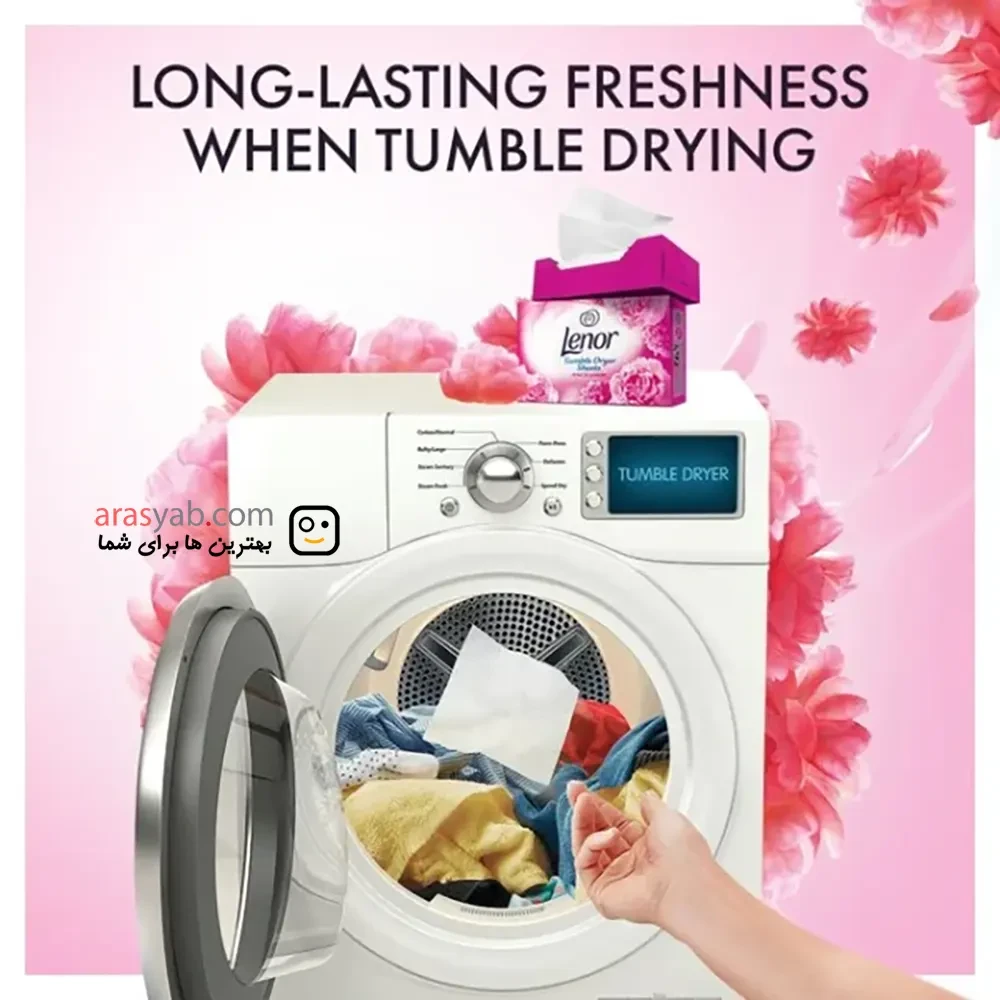 دستمال خوشبو کننده لباس لنور Lenor مدل Tumble Dryer Sheets با رایحه شکوفه صورتی بسته 34 عددی