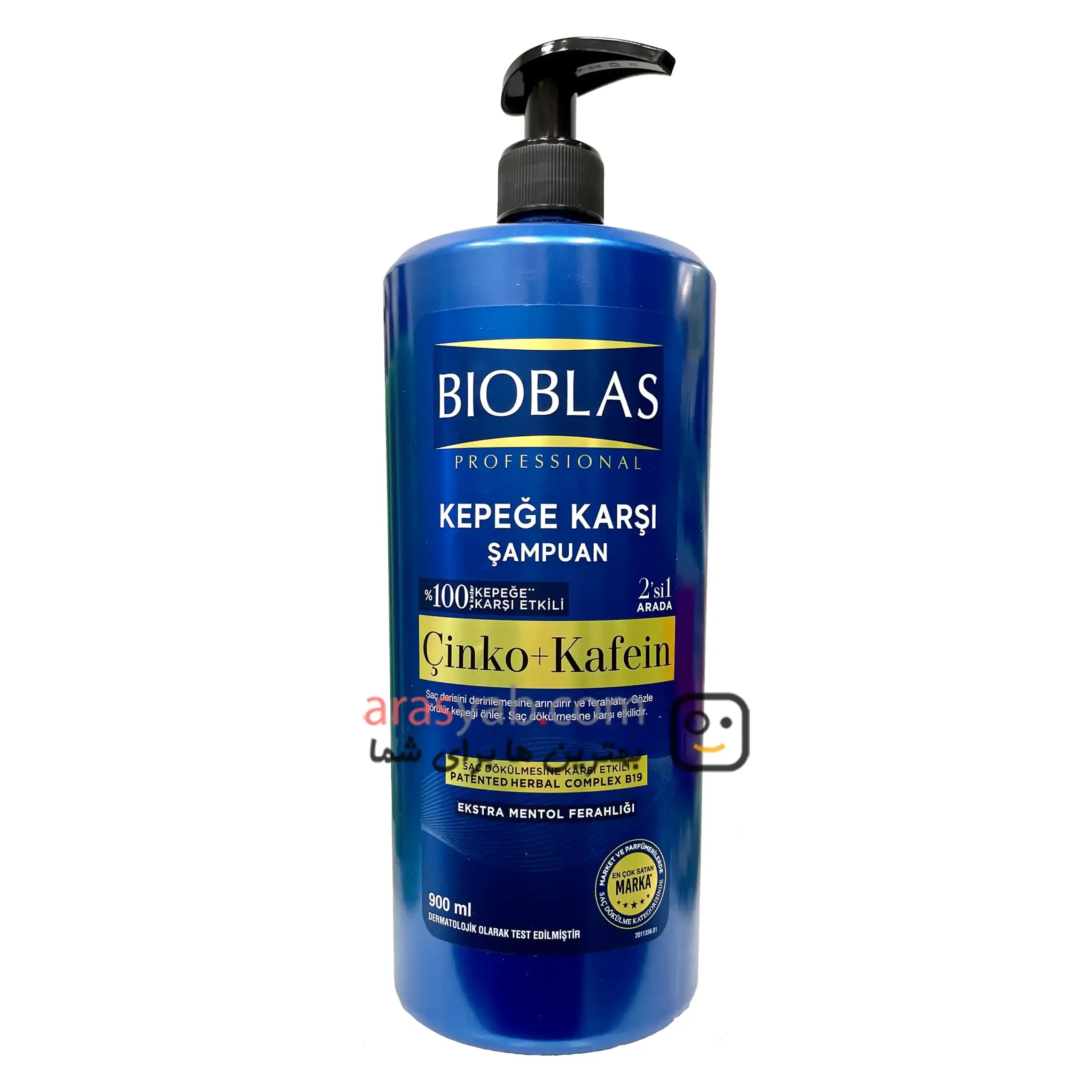 شامپو ضد شوره بیوبلاس Bioblas حاوی زینک و کافئین Çinko+Kafein با عصاره منتول حجم 900 میل
