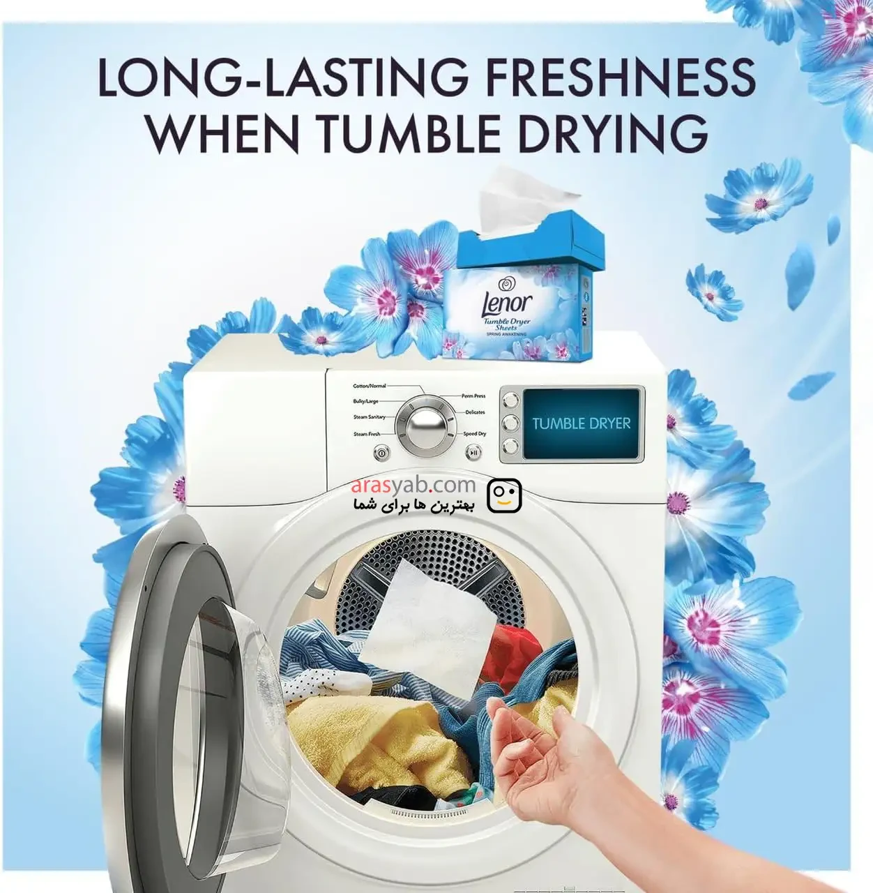 دستمال خوشبو کننده لباس با رایحه بهاری لنور Lenor مدل Tumble Dryer Sheets بسته 34 عددی