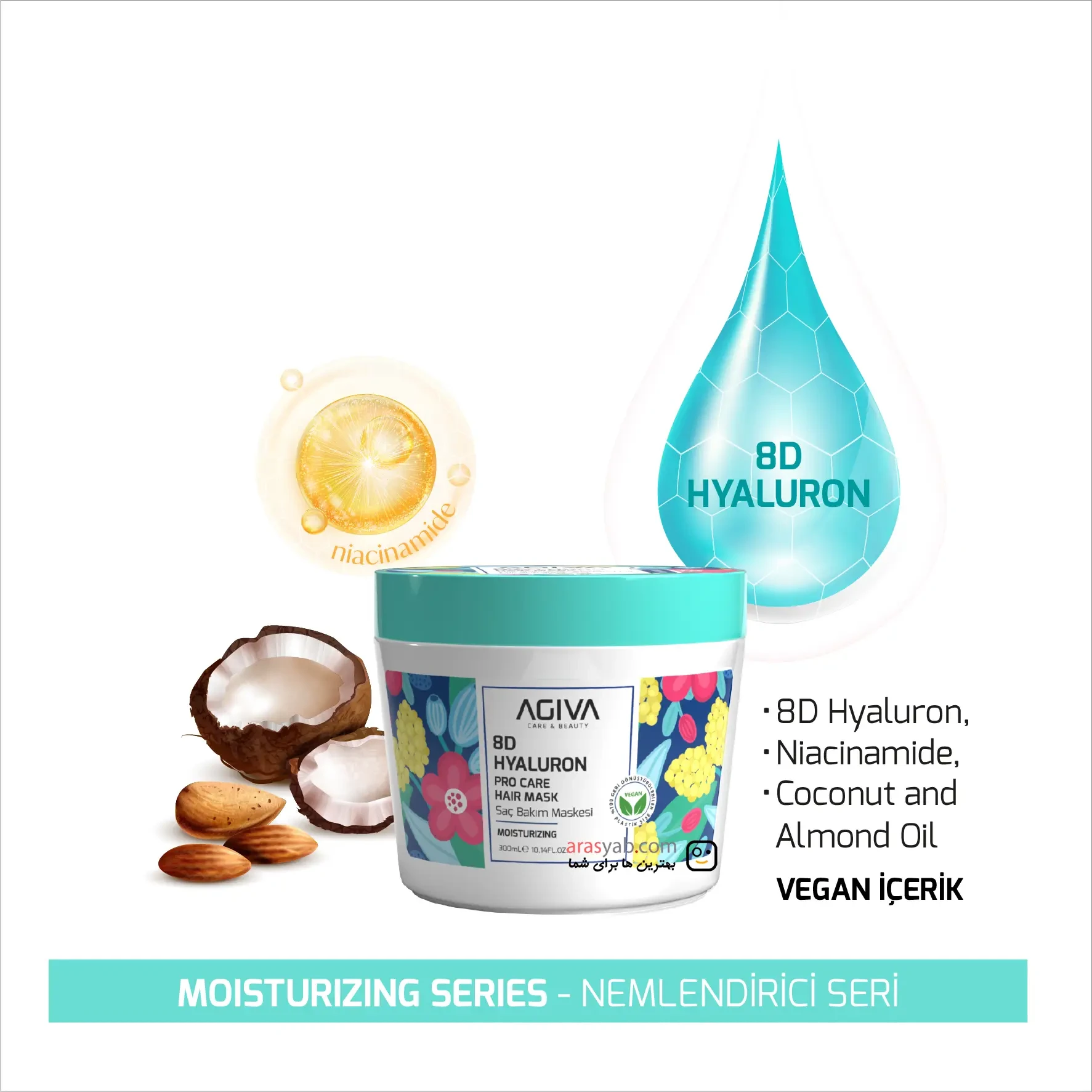 ماسک مو رطوبت رسان آگیوا Agiva حاوی 8D Hyaluron برای موهای خشک، ضعیف و شکننده حجم 300 میل