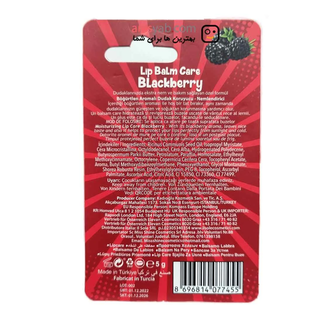 بالم لب گابرینی با رایحه شاه توت Blackberry با spf 20 حجم 5 گرم