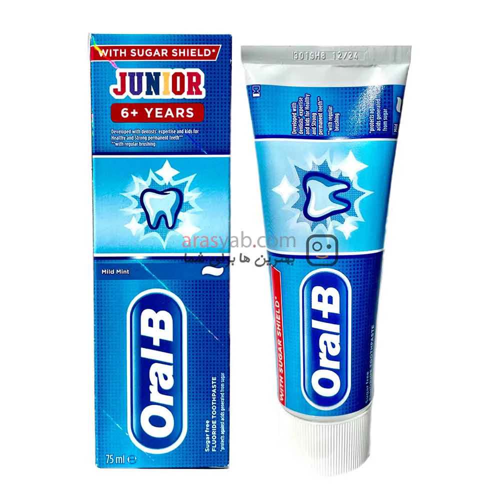 خمیر دندان کودک جونیور Oral-B بالای 6 سال بدون قند و استحکام بخش دندان حجم 75 میل