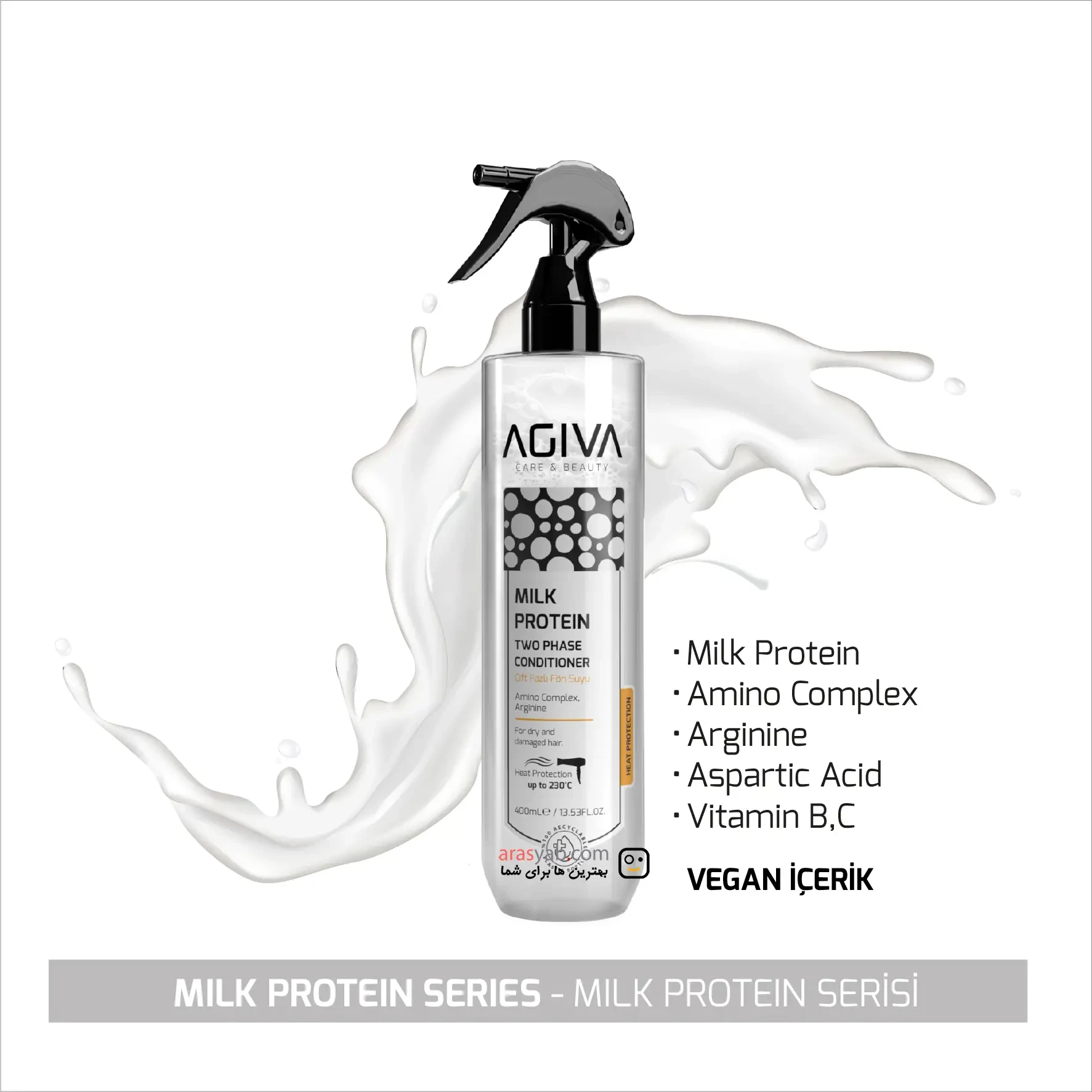 اسپری دوفاز پروتئین شیر آگیوا Agiva دارای محافظ حرارتی برای موهای خشک و آسیب دیده حجم 400 میل