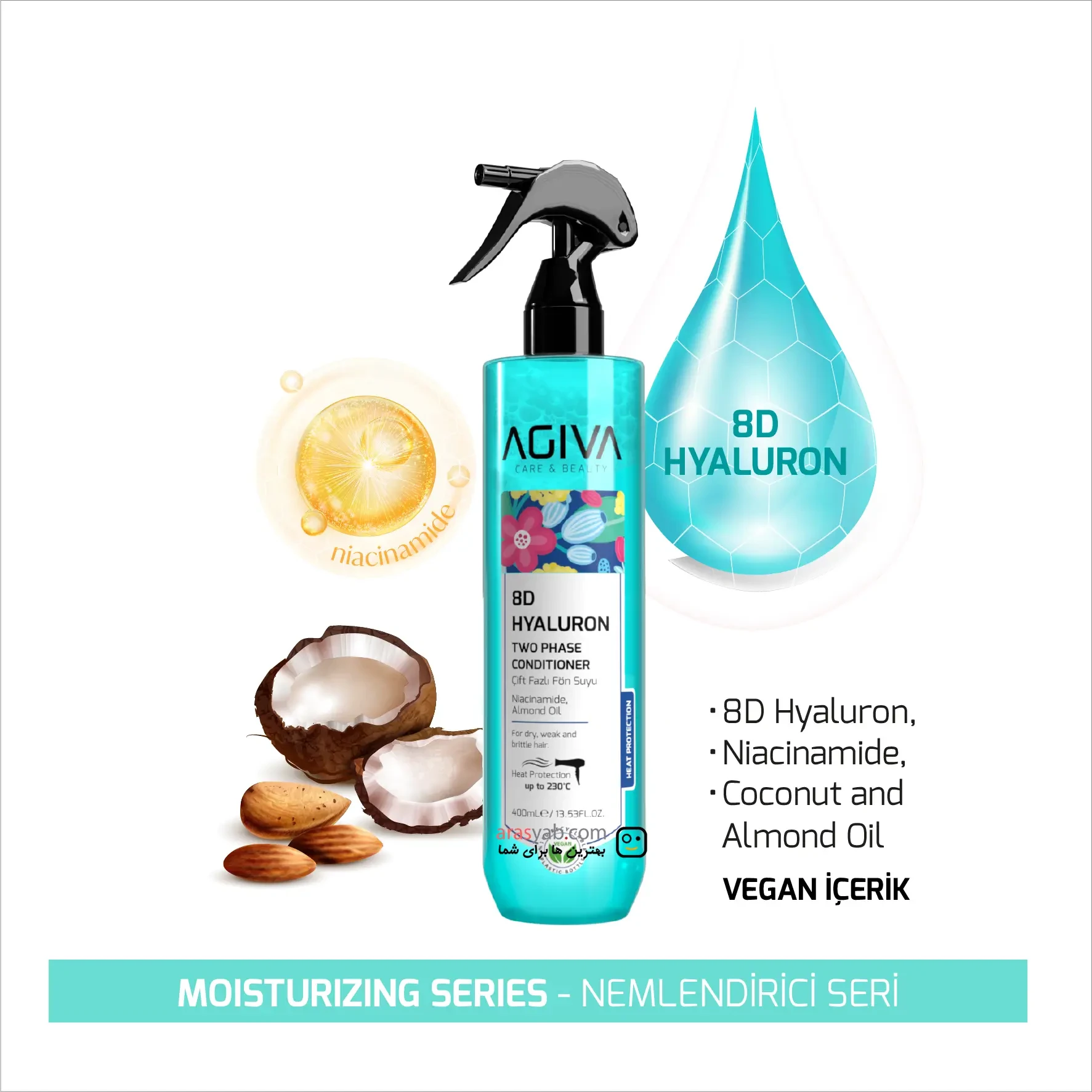 اسپری دوفاز نرم کننده و رطوبت رسان مو آگیوا Agiva حاوی 8D Hyaluron با محافظ حرارتی حجم 400 میل
