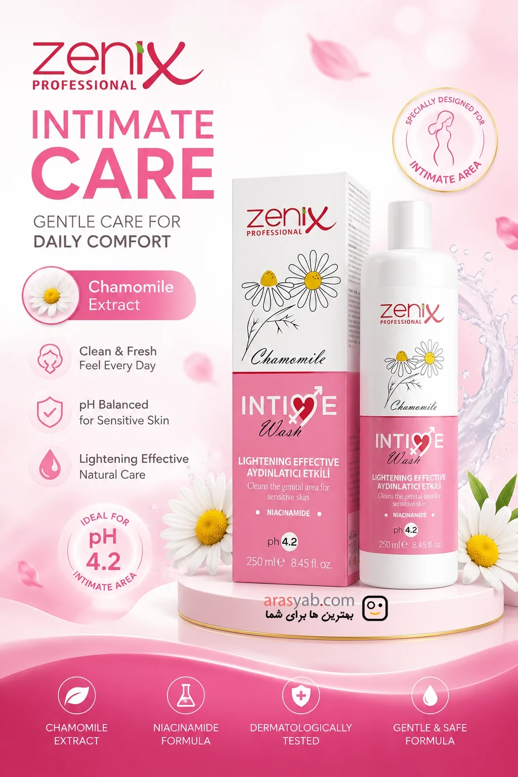 ژل بهداشتی بانوان زنیکس zenix ترکیه با عصاره بابونه برای پوست حساس حجم 250 میل