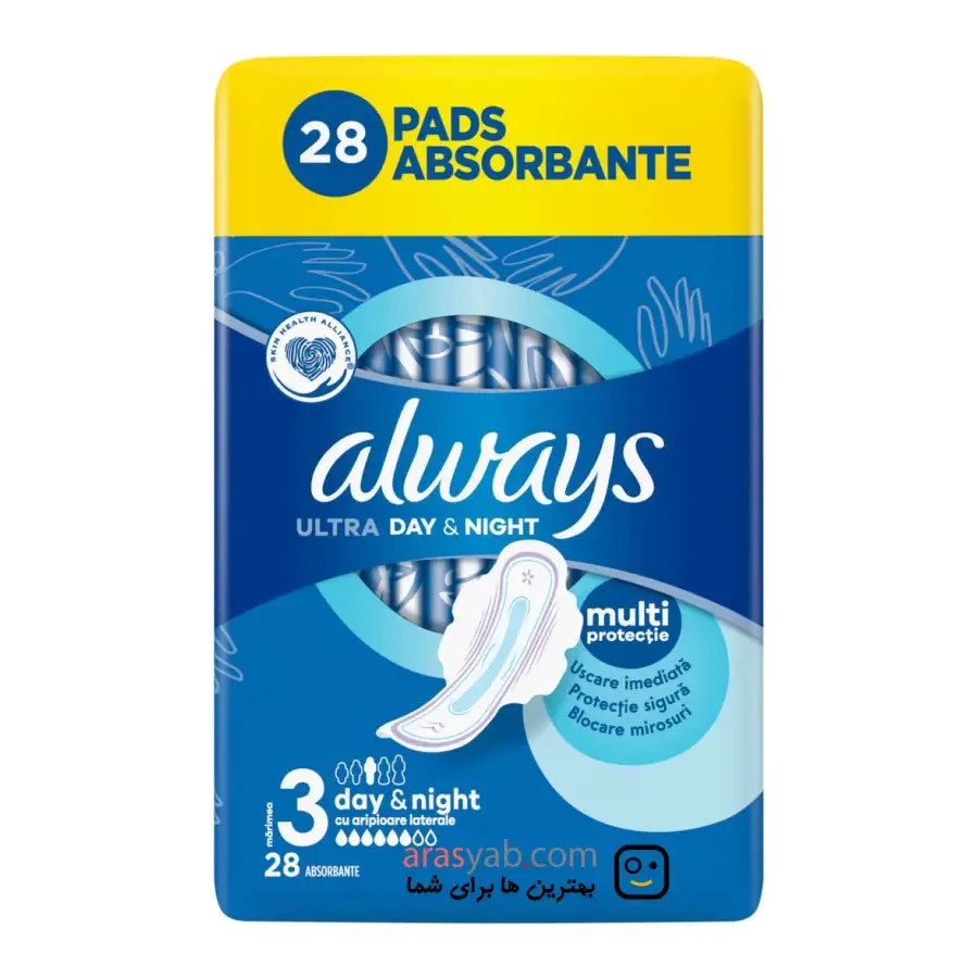 نوار بهداشتی بالدار آبی الویز ALWAYS مدل Ultra Day &amp; Night سایز 3 بسته 28 عددی
