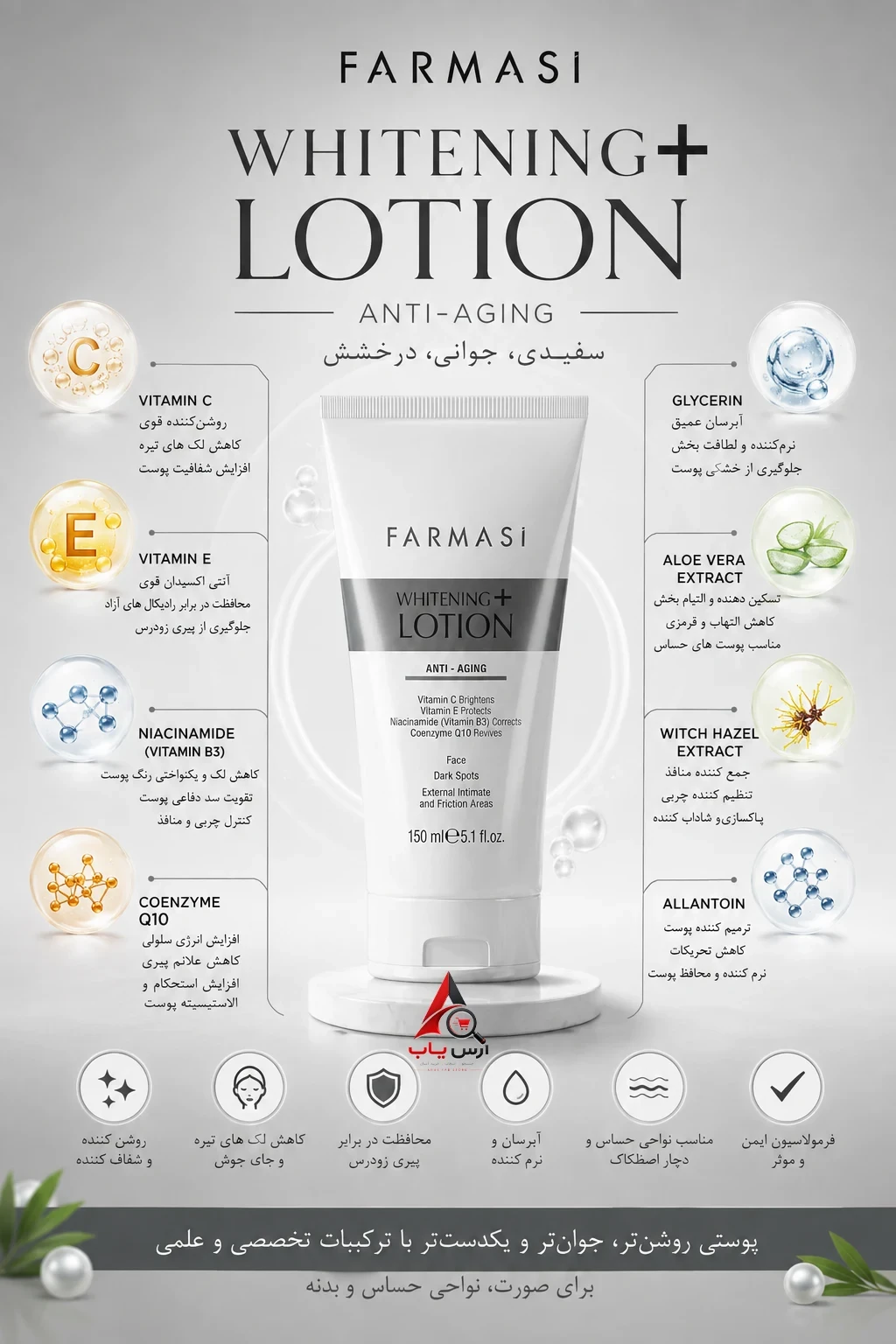 لوسیون سفید کننده و جوانساز صورت فارماسی Farmasi با خاصیت Dark Spots حجم 150 میل