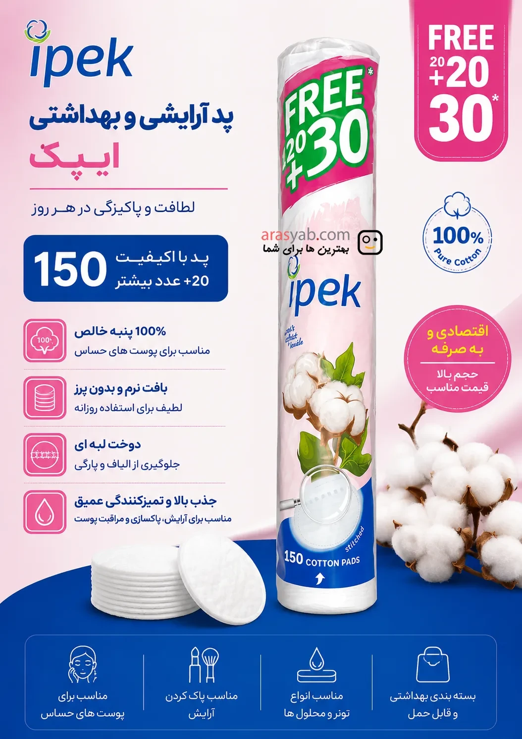 پد ایپک ipek سکه ای اصل ترکیه دور دوخت بسته 150 تایی
