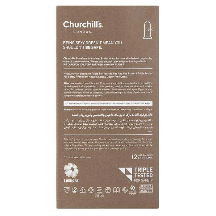 کاندوم چرچیلز churchills مدل Ultra Thin نازک با تاخیر بسیار بالا 12 عددی