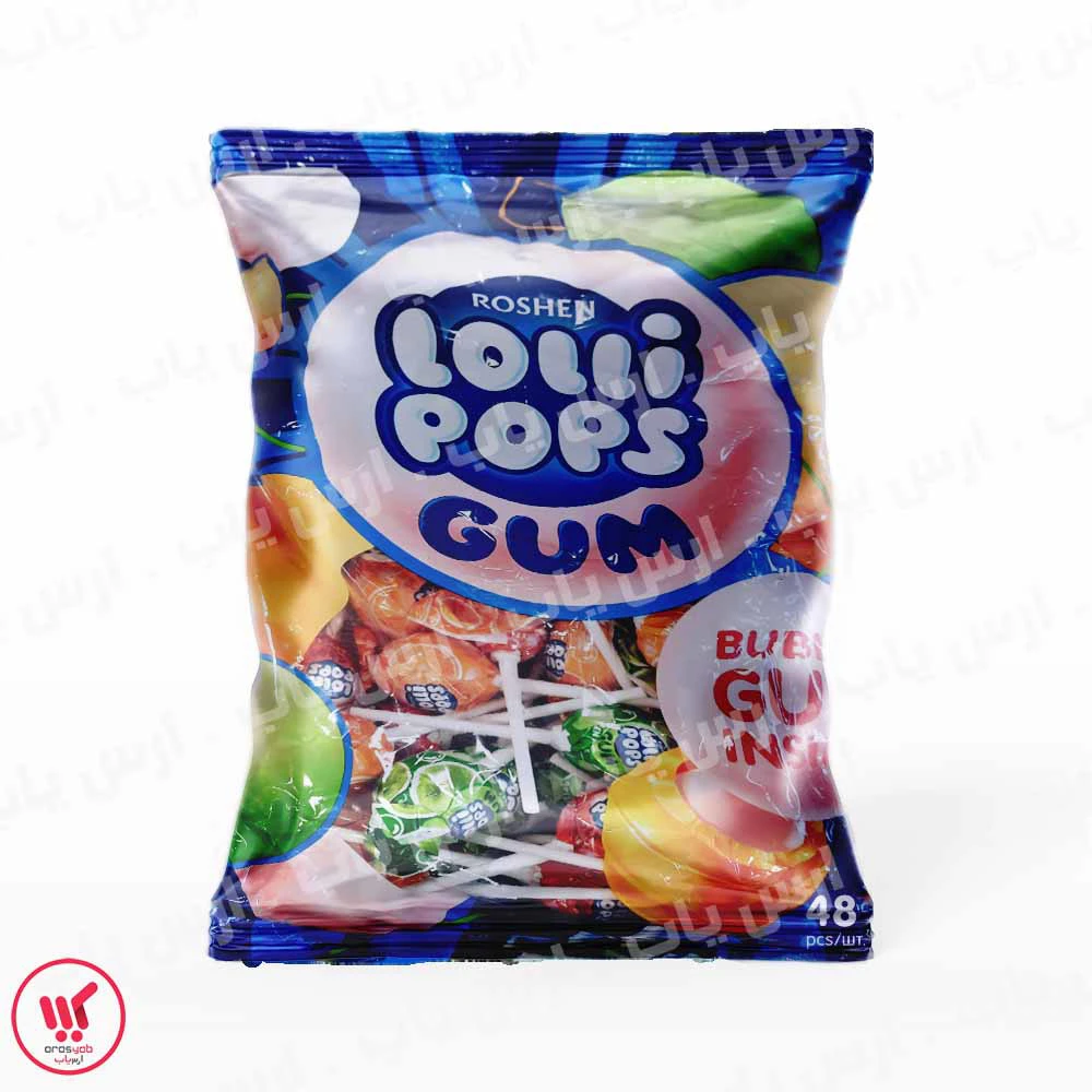 آبنبات چوبی Lollipops Gum میوه ای روشن Roshen بسته 48 عددی