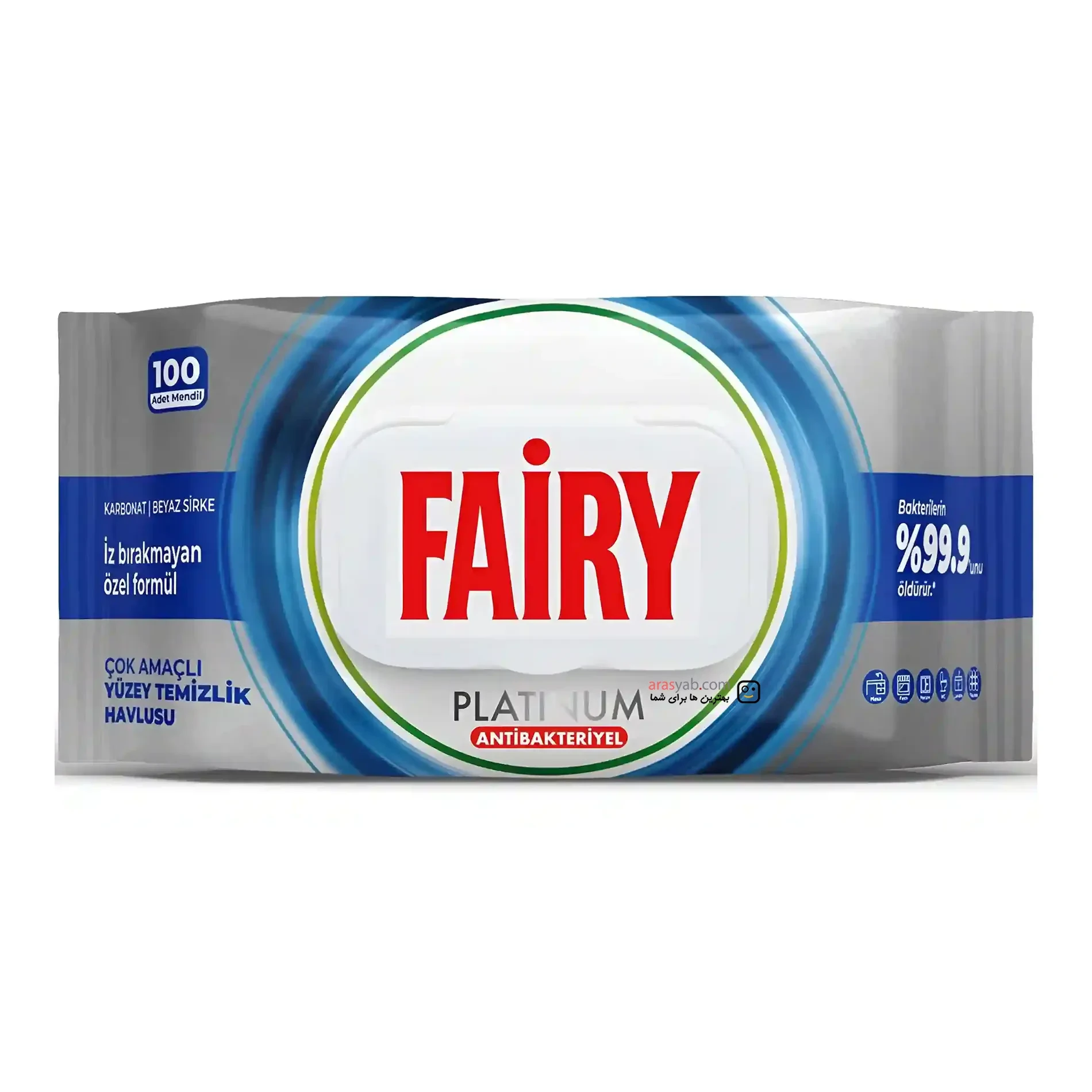 دستمال مرطوب سطوح آنتی باکتریال فیری Fairy مدل پلاتینیوم Platinum بسته 100 عددی