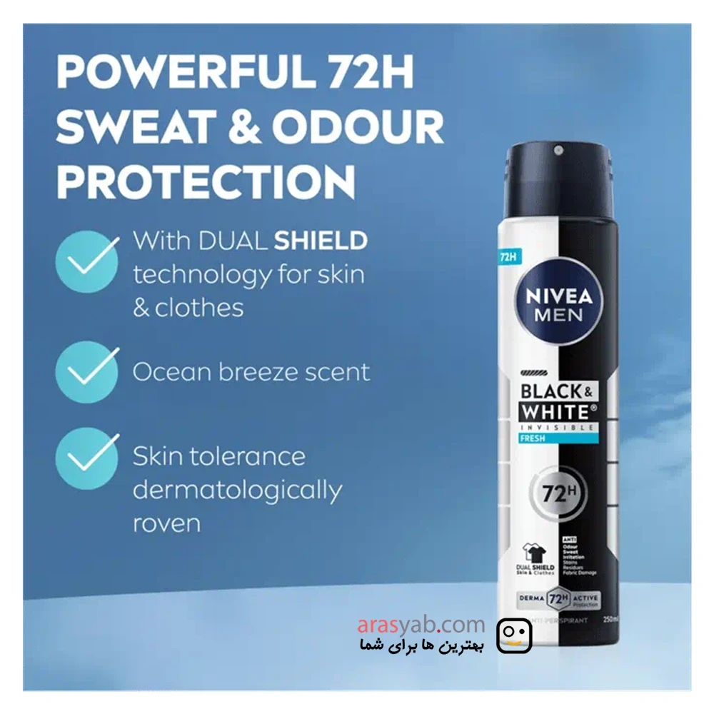 اسپری دئودرانت مردانه نیوا nivea مدل فرش Fresh سری Black &amp; White حجم 200 میل