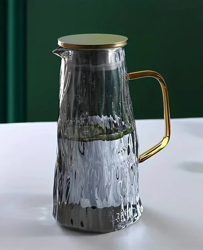 پارچ پیرکس دفرمه دودی دسته طلایی - فروشگاه هپسی وار