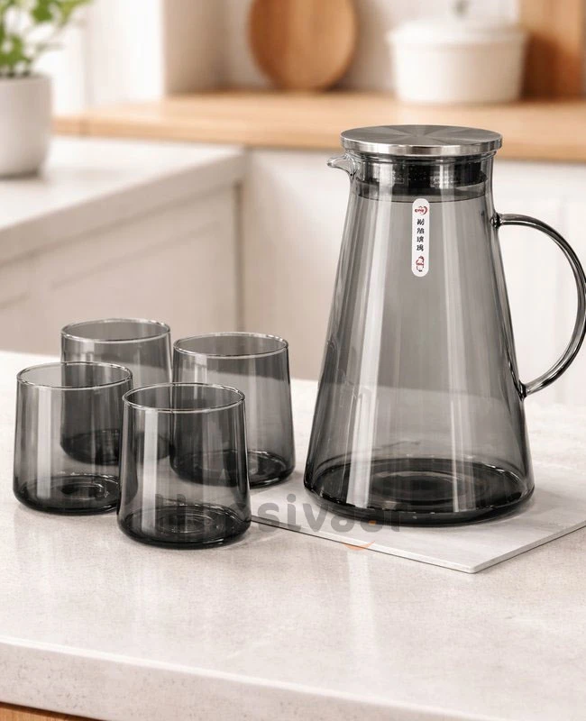 پارچ و لیوان پیرکس دودی دلی گلس بسته 6 +1 عددی | هپسی وار