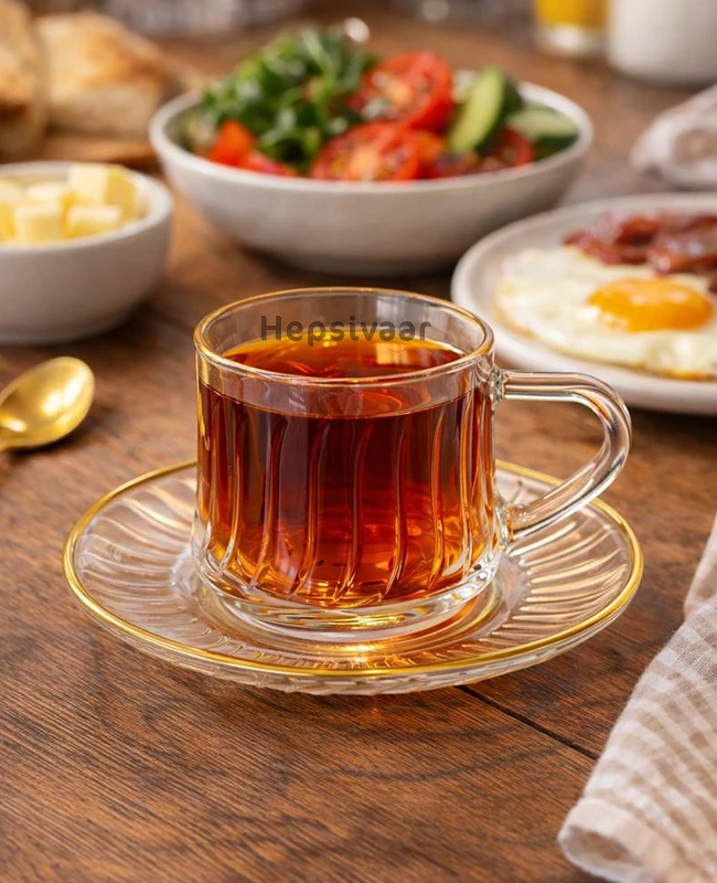 ست استکان و نعلبکی لب طلایی شیاری DELI GLASS - فروشگاه هپسی وار