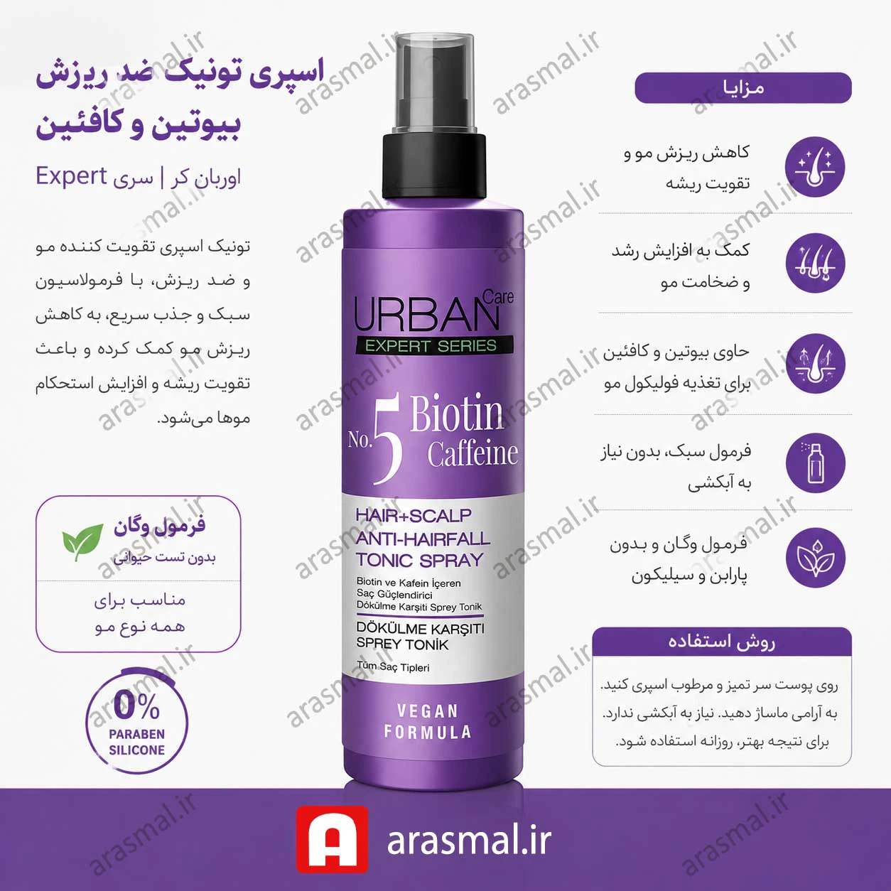 تونیک اسپری ضد ریزش اوربن URBAN حاوی بیوتین و کافئین حجم 200 میل - ارس مال