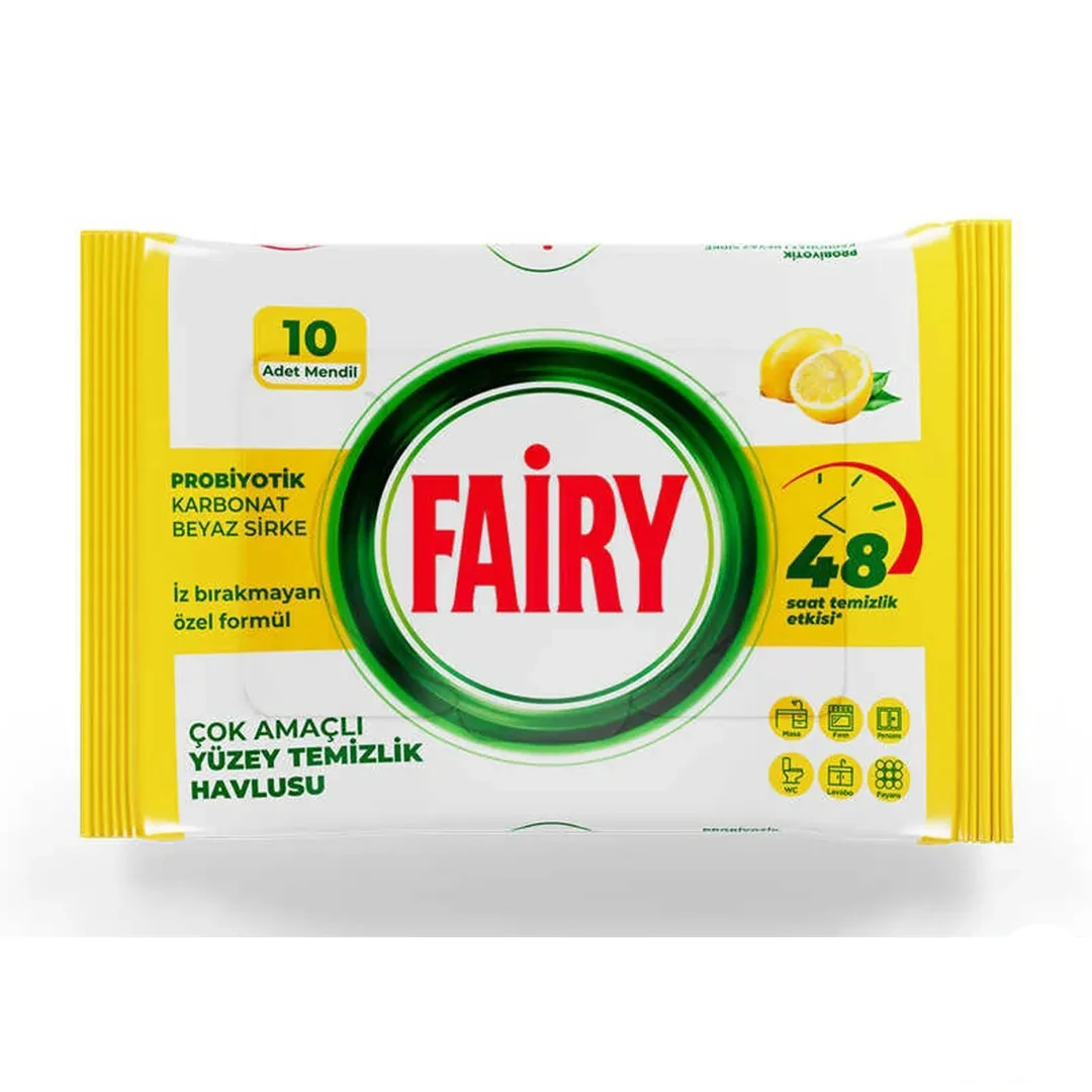 دستمال مرطوب چند منظوره تمیز کننده سطوح فیری FAIRY تعداد 10 برگی حاوی لیمو ، سرکه سفید و جوش شیرین - ارس مال
