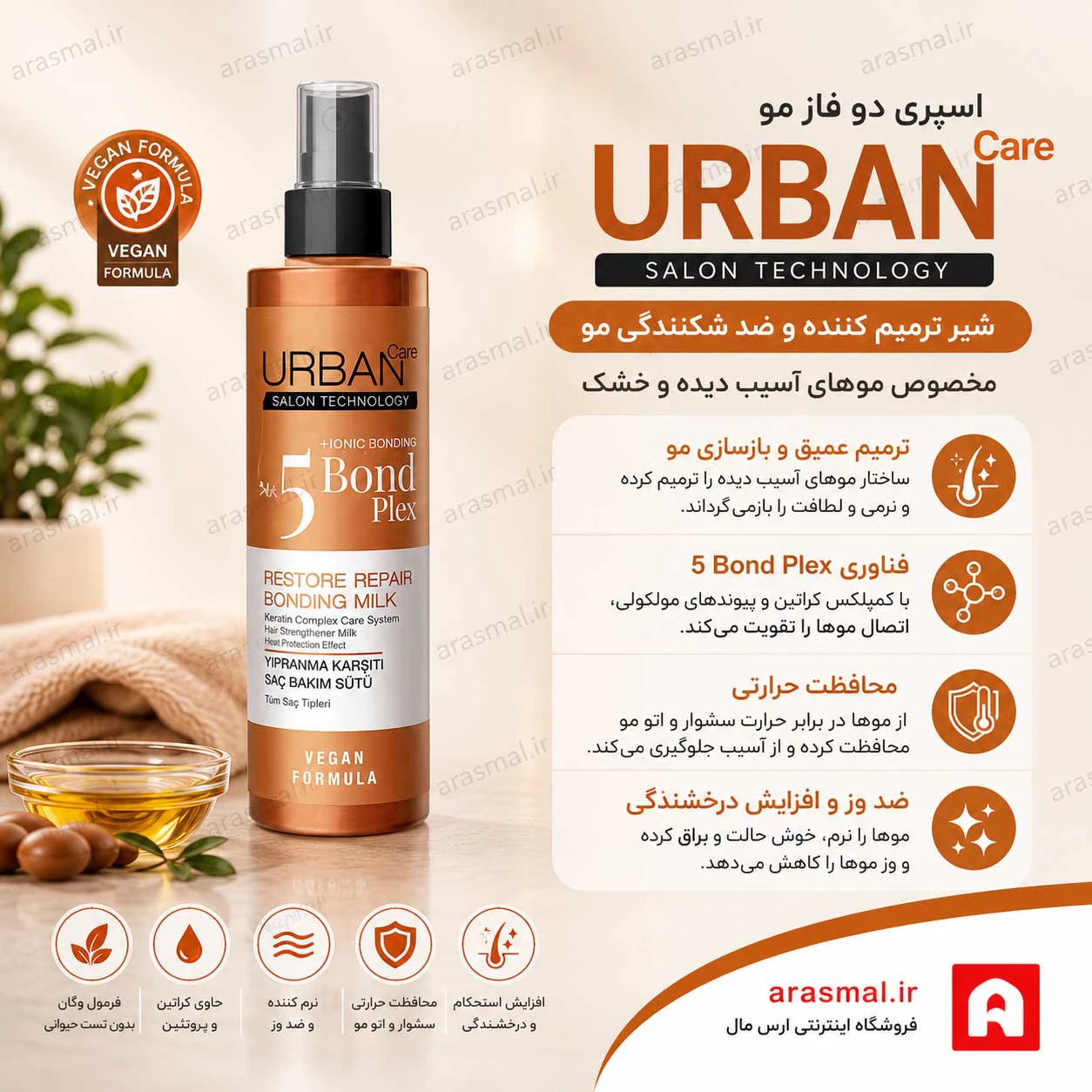 اسپری مو ترمیم کننده و بازسازی کننده Bond Plex شماره 5 اوربان کر 200 میل (اصل واردات قانونی ارسال از منطقه آزاد ارس) - ارس مال