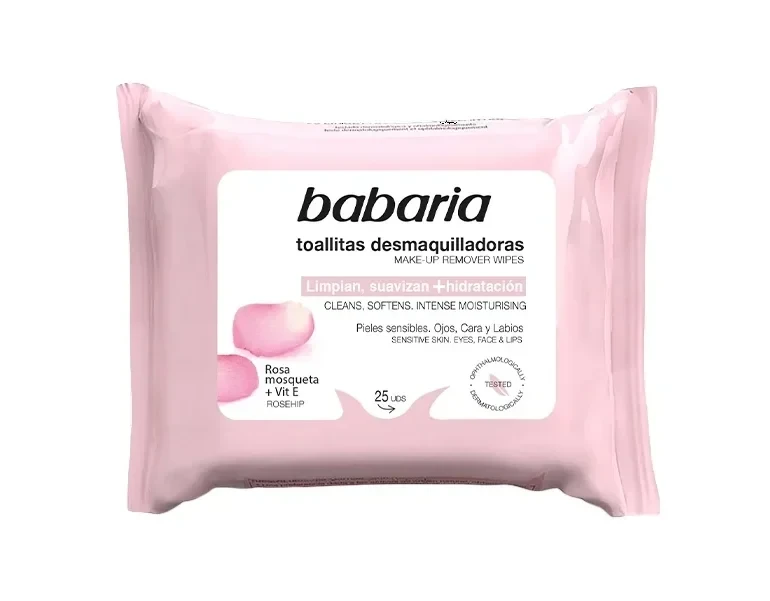 دستمال مرطوب پاک کننده آرایش باباریا مدل Rosehip - حاوی عصاره گل سرخ | 25 عددی - فروشگاه اینترنتی ارس درمیس