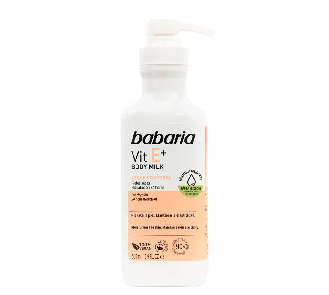 لوسیون بدن ویتامین E باباریا Babaria مدل +Vit E - آبرسانی 24 ساعته و مناسب پوست‌های خشک | حجم 500 میلی‌لیتر - فروشگاه اینترنتی ارس درمیس