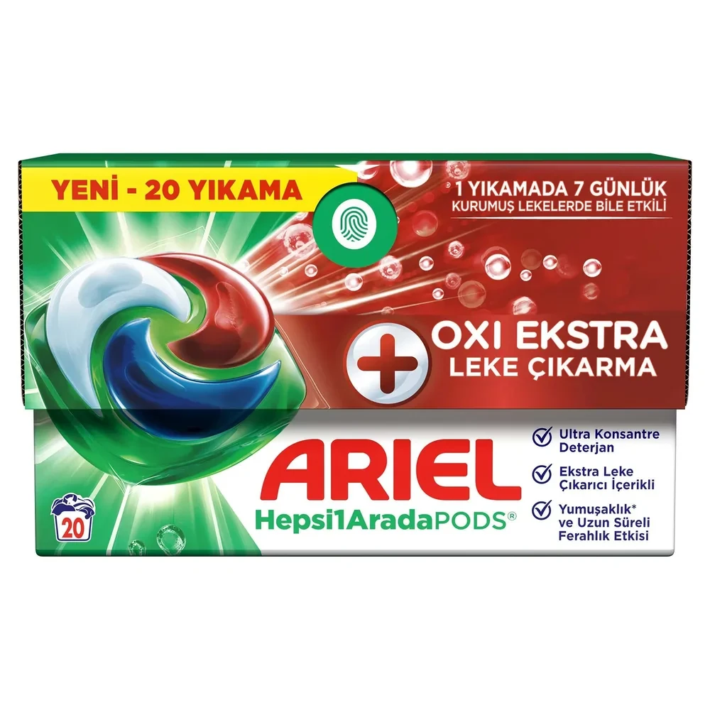 قرص ماشین لباسشویی آریل مدل Oxi Extra - لباس‌های سفید و رنگی | بسته 20 عددی - فروشگاه اینترنتی ارس درمیس