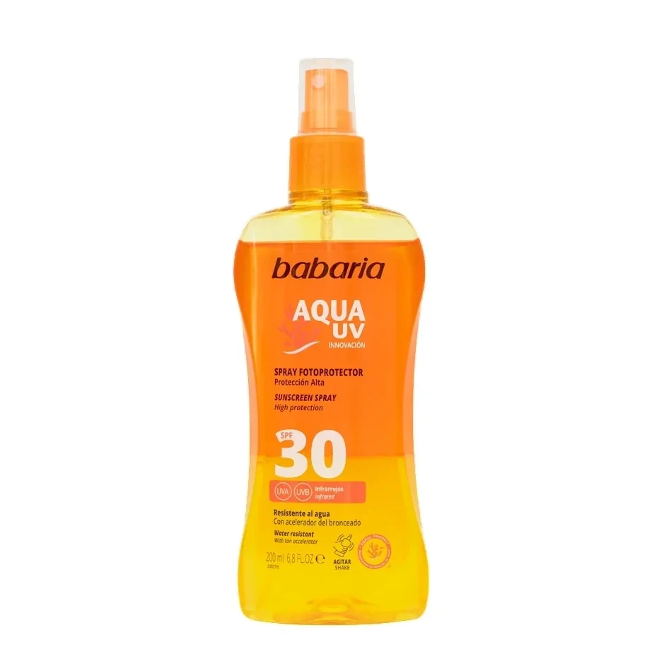 اسپری ضدآفتاب بدن دو فازی باباریا مدل Aqua UV با SPF 30 - حاوی عصاره هویج و آلوئه‌ورا | حجم 200 میلی‌لیتر - فروشگاه اینترنتی ارس درمیس
