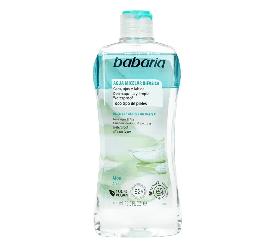 میسلار واتر دوفاز باباریا Babaria مدل Aloe - حاوی عصاره آلوئه ورا - پاکسازی آرایش ضدآب - مناسب انواع پوست | حجم 400 میلی‌لیتر - فروشگاه اینترنتی ارس درمیس