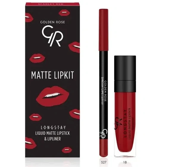 کیت رژ لب مایع و خط لب گلدن رز مدل Scarlet Red - فروشگاه اینترنتی ارس درمیس