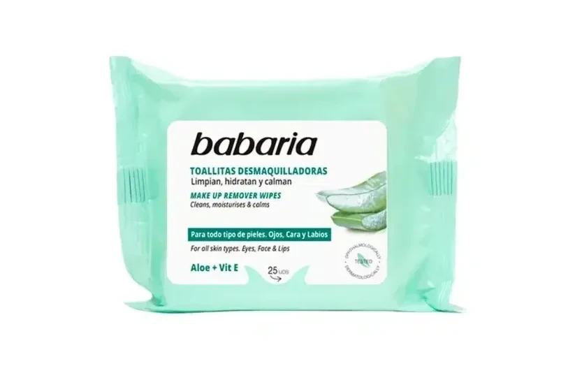 دستمال مرطوب پاک کننده آرایش باباریا Babaria - حاوی عصاره آلوئه ورا و ویتامین E | بسته 25 عددی - فروشگاه اینترنتی ارس درمیس