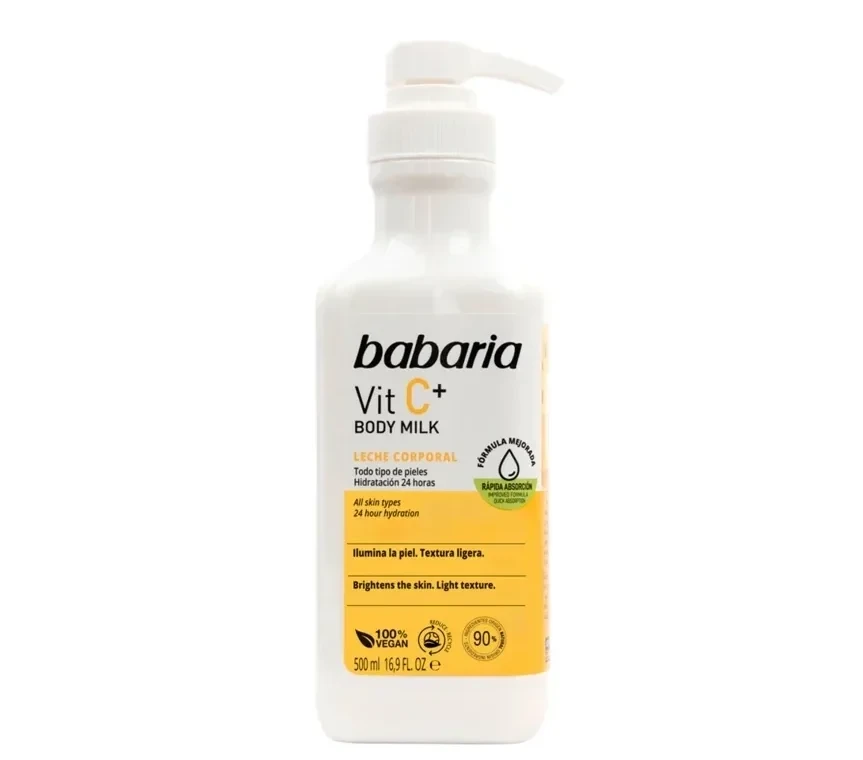 لوسیون بدن ویتامین C باباریا Babaria مدل +Vit C - آبرسانی 24 ساعته و مناسب انواع پوست | حجم 500 میلی‌لیتر - فروشگاه اینترنتی ارس درمیس