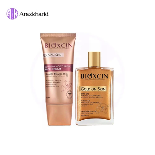 پک مرطوب کننده و شاین صورت و بدن بیوکسین مدل Gold On Skin (روغن 100 میل + کرم مرطوب کننده 50 میل) - فروشگاه آراز خرید