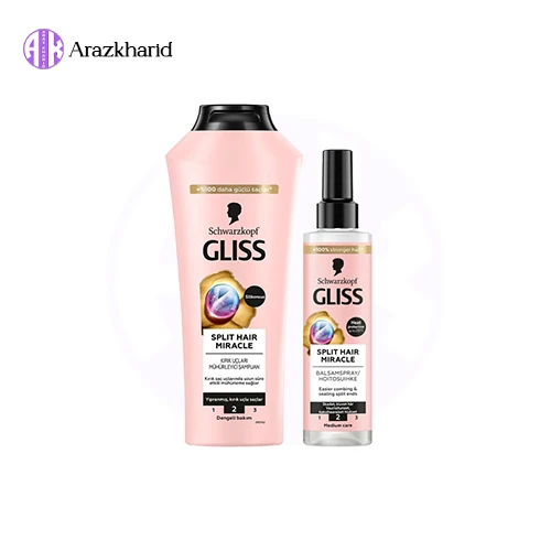 پک ضد موخوره گلیس split hair miracle (شامپو 400 میل +اسپری دوفاز 200 میل) - فروشگاه آراز خرید