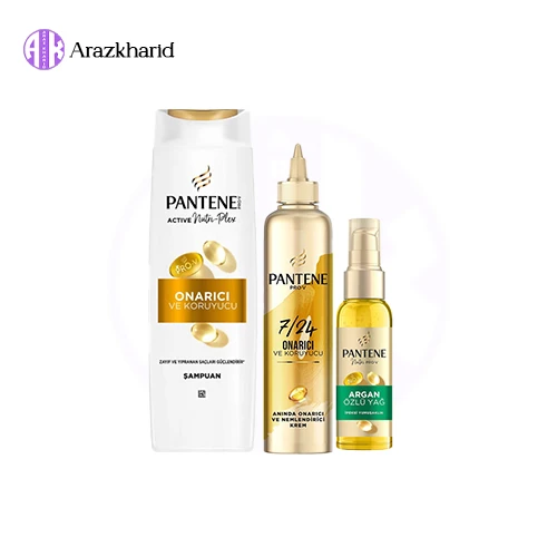 پک ترمیم کننده مو پنتن pantene مناسب موهای آسیب دیده ( شامپو طلایی + کرم مو موشکی طلایی + روغن آرگان) - فروشگاه آراز خرید