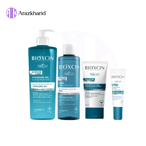 پک ضد جوش بیوکسین Bioxcin مدل Acnium (ژل شستشو + تونر + ضد جوش فوری + مرطوب کننده ) - فروشگاه آراز خرید