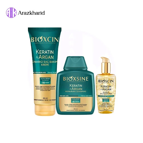 پک ترمیم کننده مو بیوکسین BIOXCIN حاوی کراتین و آرگان (ماسک مو 250 میل+شامپو 300 میل+روغن مو 150 میل) - فروشگاه آراز خرید