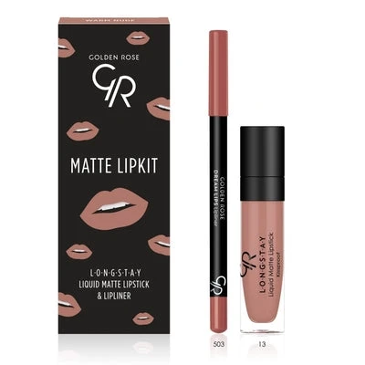 کیت رژ لب مایع 24 ساعته +مداد گلدن رز (WARM NUDE) GOLDEN ROSE matte lip kit - ارس شاین