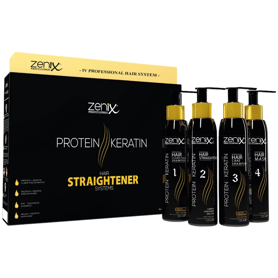 کیت مراقبتی و درمانی کراتین پروتئینه صاف کننده مو زنیکس zenix hair straightener protein keratin treatment care kit حجم 125*4 میلی لیتر - ارس شاین