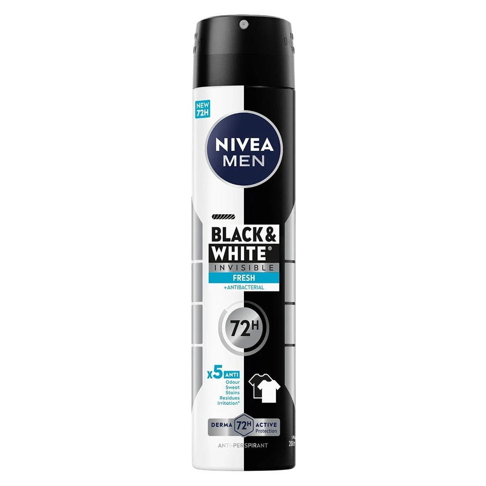 اسپری ضد تعریق 72 ساعته مردانه نیوآ رایحه نامرئی فرش (برای لباس‌های سیاه و سفید) NIVEA BLACK &amp; WHITE INVISIBLE FRESH حجم 200 میلی لیتر - ارس شاین