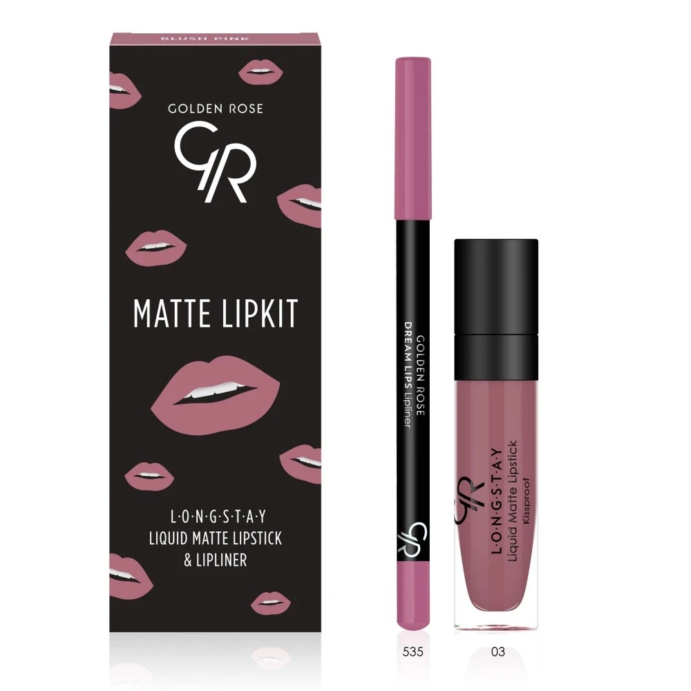 کیت رژ لب مایع 24 ساعته +مداد گلدن رز (BLUSH PINK) GOLDEN ROSE matte lip kit - ارس شاین