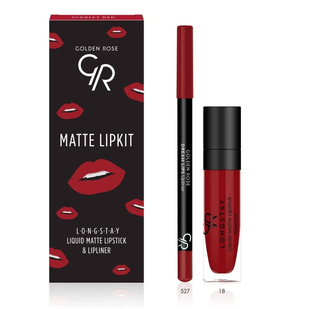 کیت رژ لب مایع 24 ساعته +مداد گلدن رز (SCARLET RED) GOLDEN ROSE matte lip kit - ارس شاین