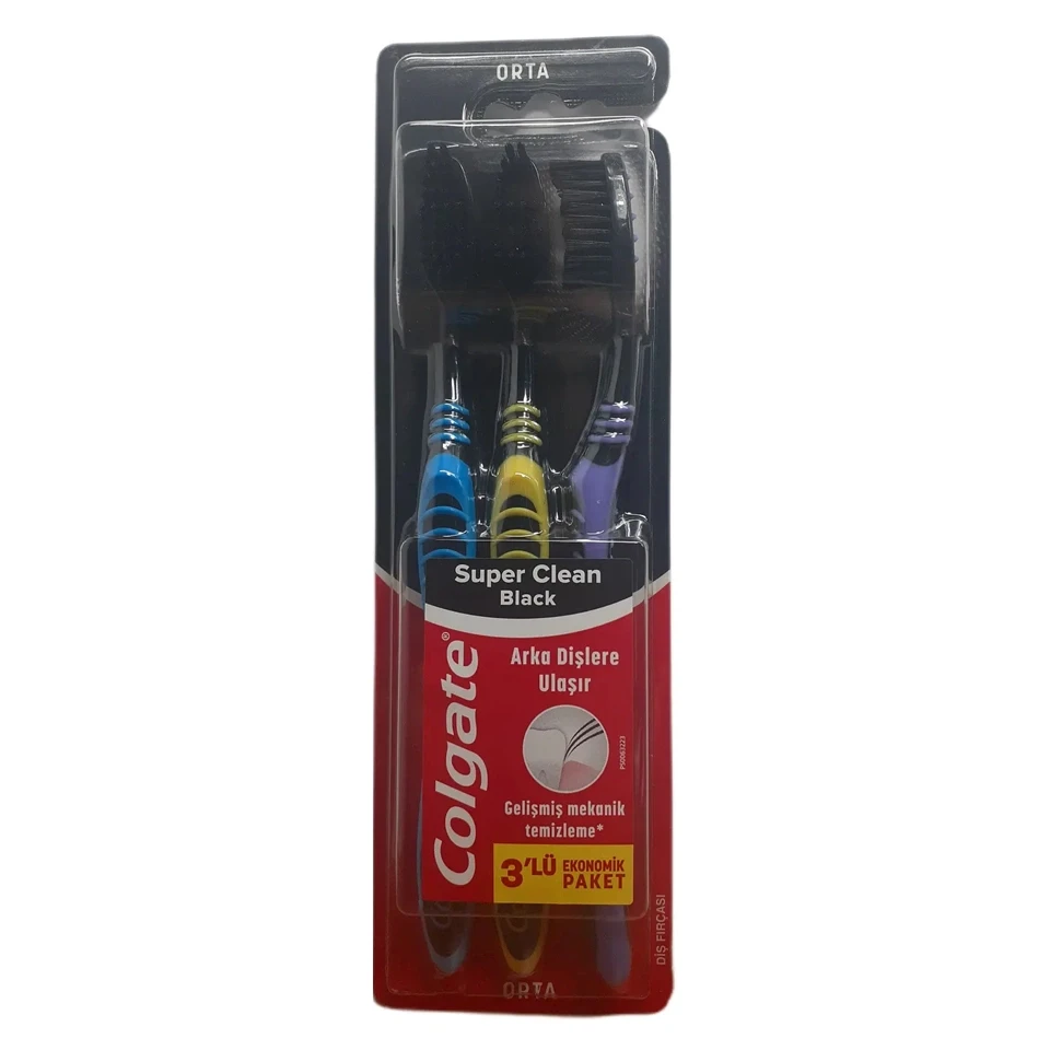 مسواک کلگیت زغالی3 قلو فرچه مدیوم مدل سوپر بلک کلین Colgate Super Black Clean - ارس شاین