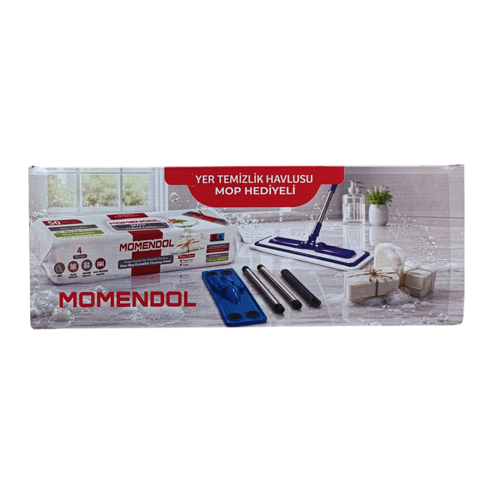 ست طی دسته‌دار و دستمال مرطوب طی مومندول رایحه صابون سفید MOMENDOL YER TEMİZLİK HAVLUSU - ارس شاین